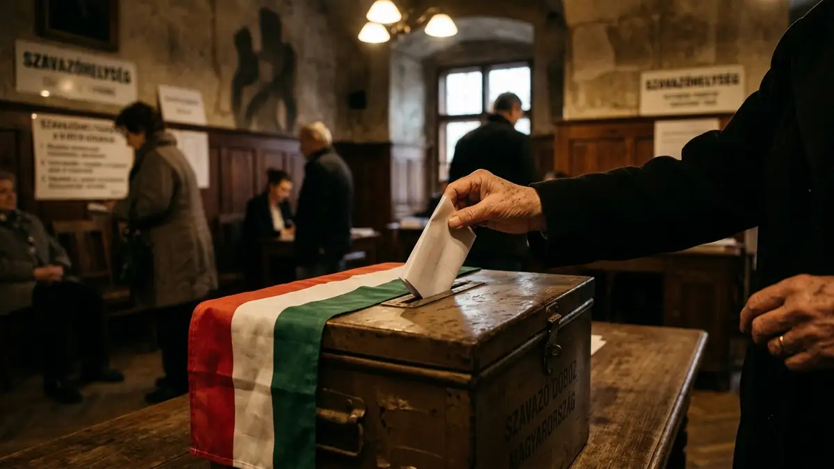 A hand casts a ballot into a box draped with a Hungarian flag.