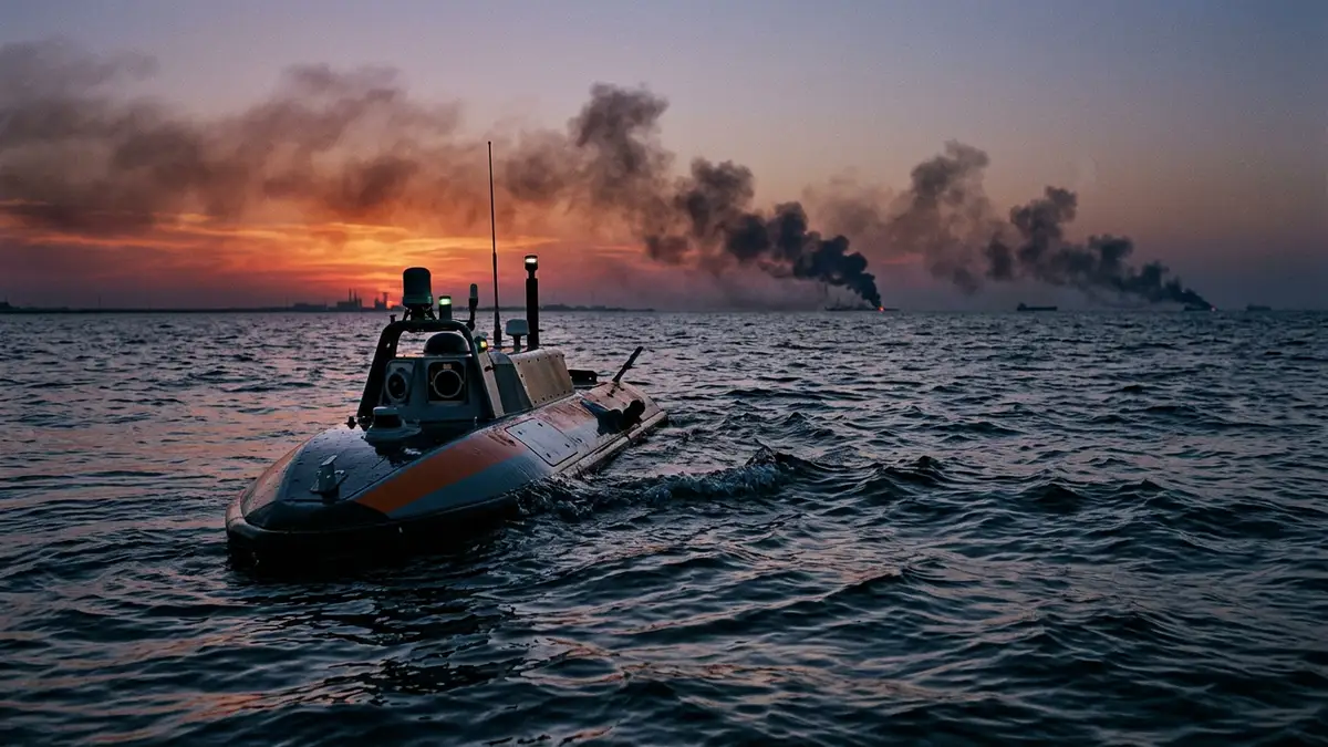 A naval minehunting drone in dark water with smoke rising on the distant horizon.