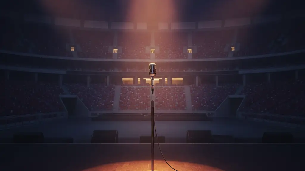Empty stadium stage with a single microphone stand under dramatic spotlights.