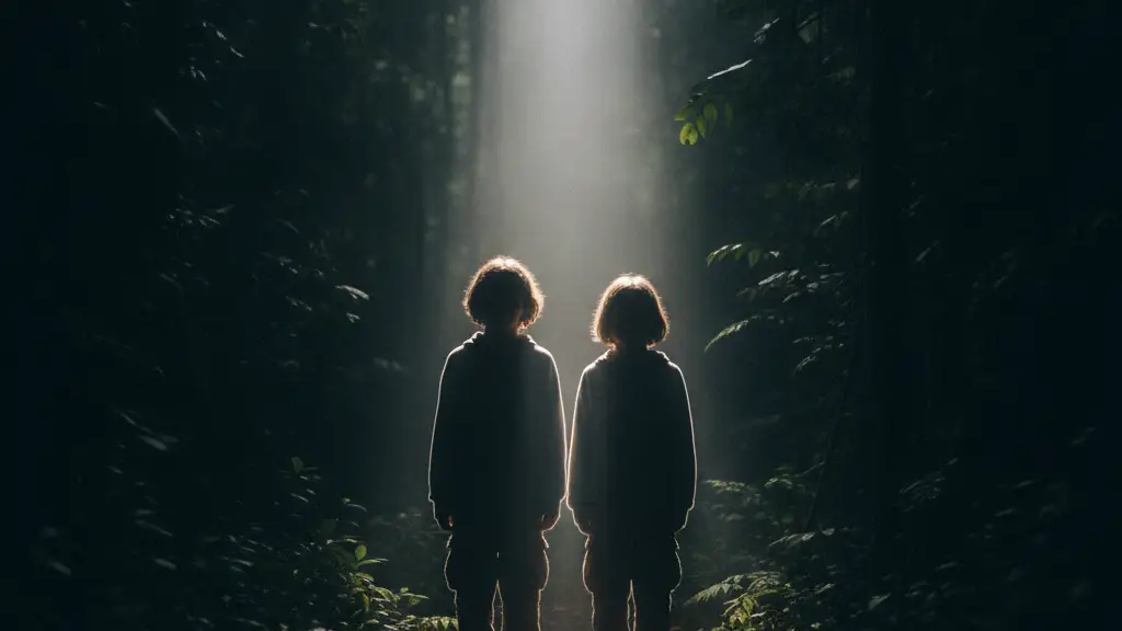 Silhouettes of two young figures against a mysterious jungle backdrop at dusk.