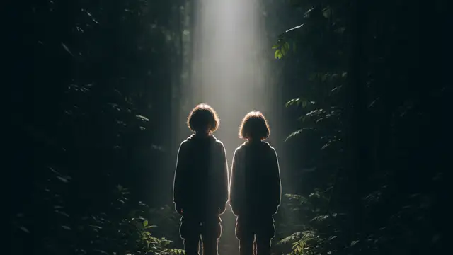 Silhouettes of two young figures against a mysterious jungle backdrop at dusk.