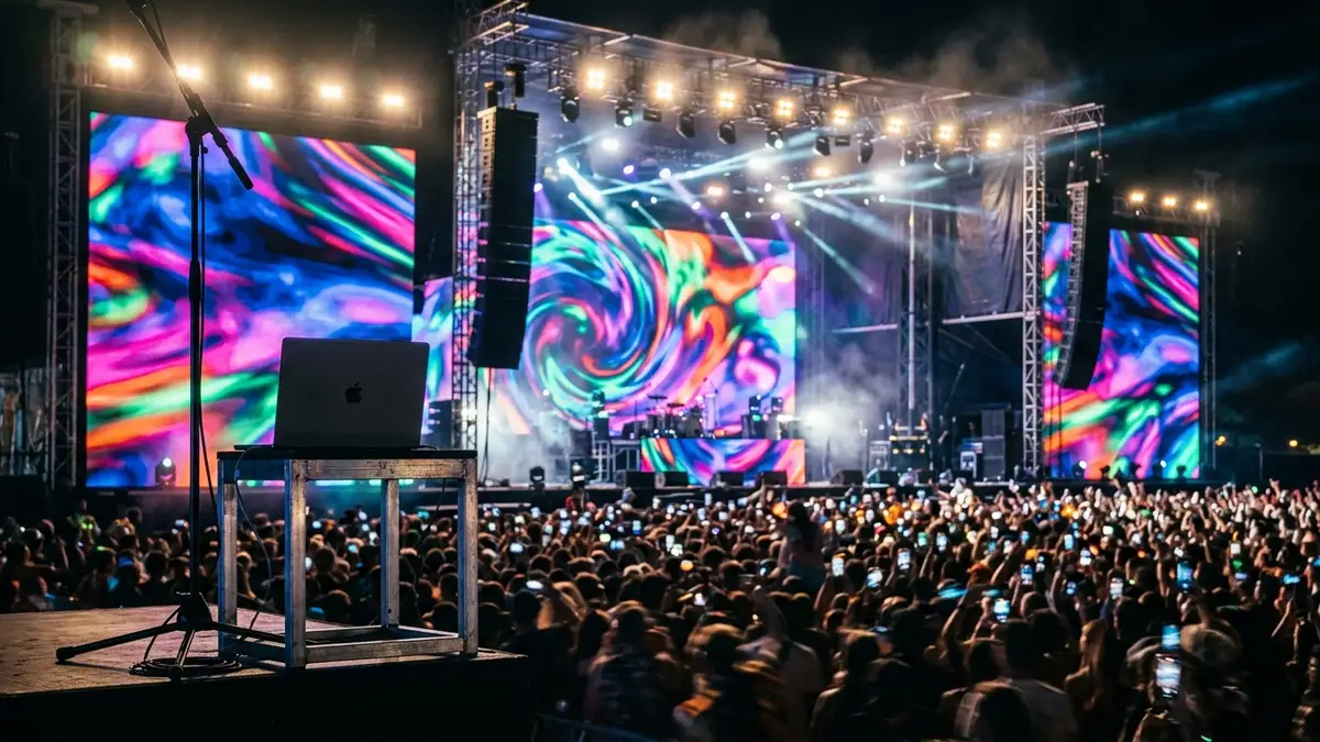Blurred crowd at a vibrant music festival stage at night, laptop visible on stage.