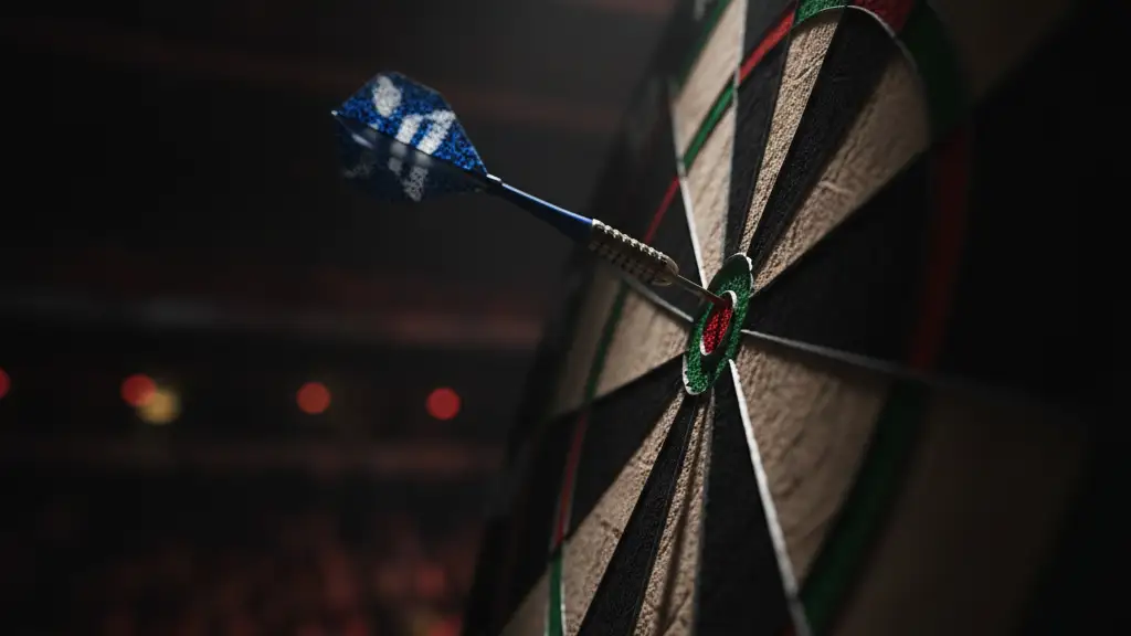 A single dart perfectly in the bullseye of a dartboard, dramatic lighting.