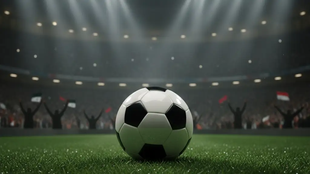A soccer ball on a green pitch, blurred stadium lights and fans in background.