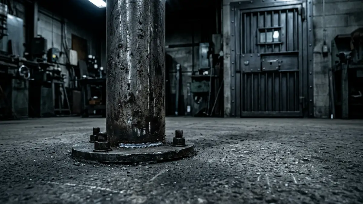 A metal pole lies on a concrete floor inside a dimly lit industrial workshop setting.