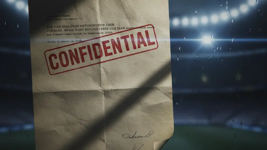 Confidential document on a desk with a blurred football stadium in the background.
