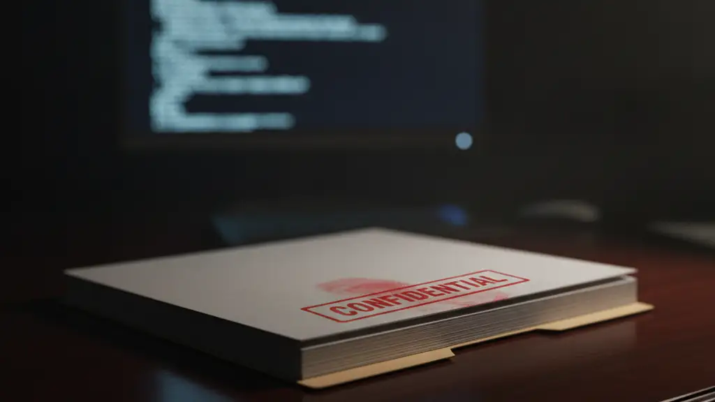 A red 'CONFIDENTIAL' file on a mahogany desk, with blurred encrypted code.