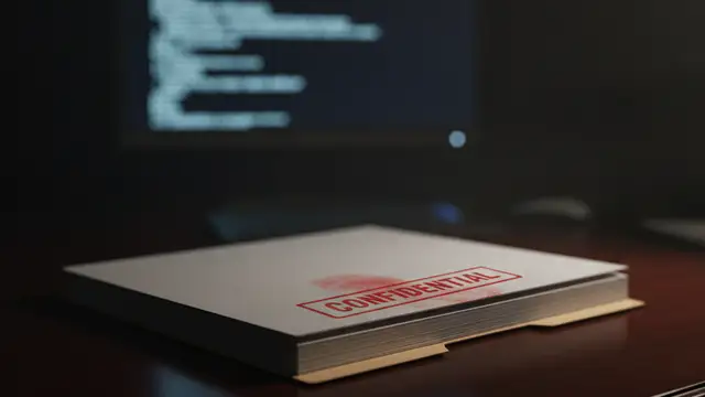 A red 'CONFIDENTIAL' file on a mahogany desk, with blurred encrypted code.