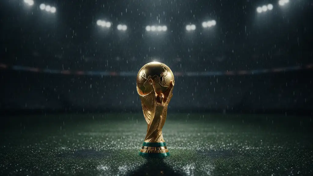A gleaming FIFA World Cup trophy under a spotlight on an empty, rain-slicked football pitch.