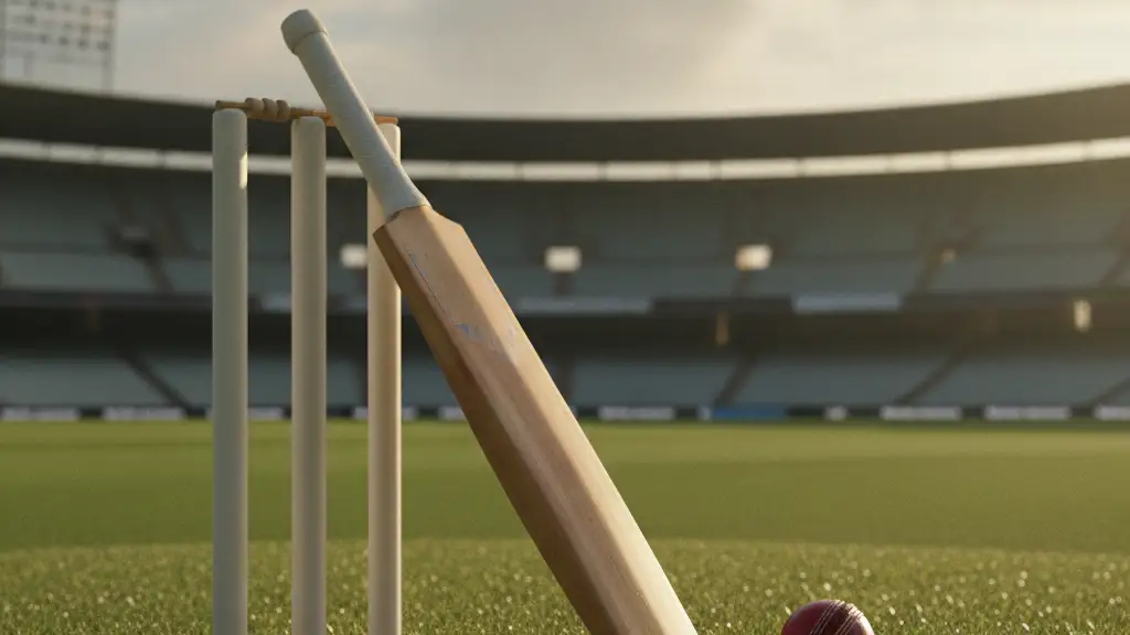 Cricket bat and ball resting on a green pitch, empty stadium in background.