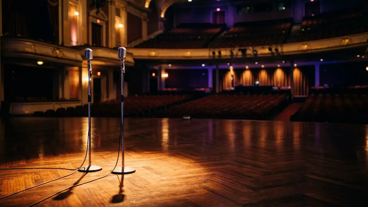 Two empty microphones stand under a spotlight on a polished ballroom dance floor.