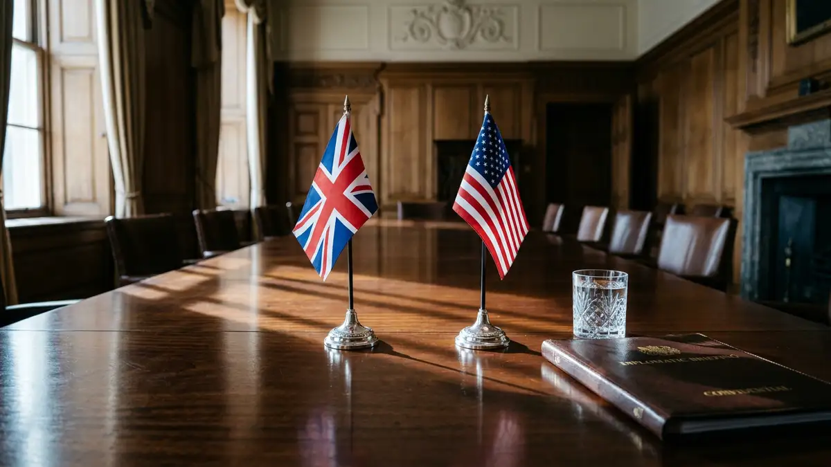 Small British and American flags stand on a wooden table, separated by a wide gap.