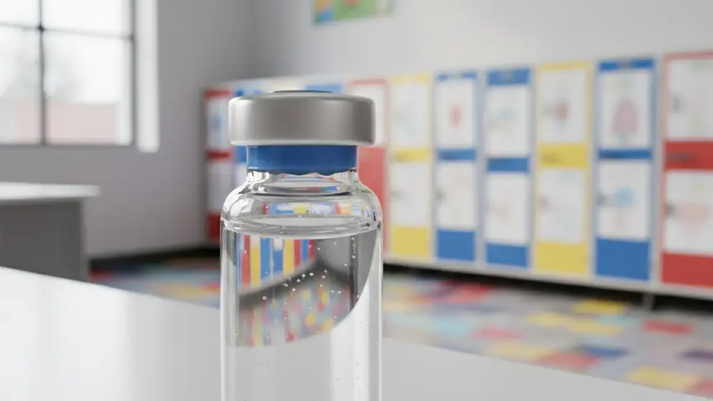 A close-up of a vaccine vial on a white surface with a blurred school hallway background.