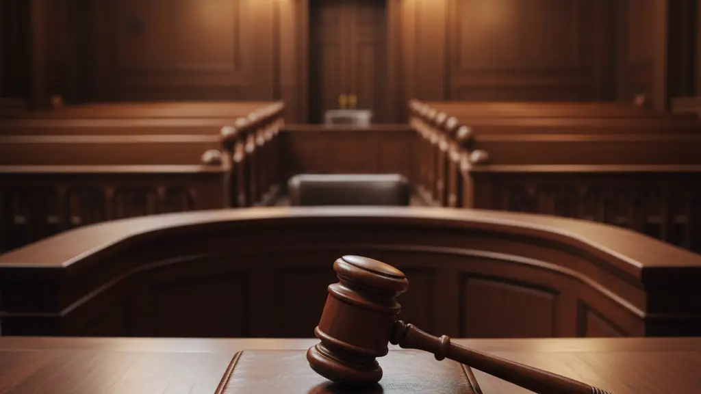 A wooden gavel and sound block on a desk in a courtroom setting.