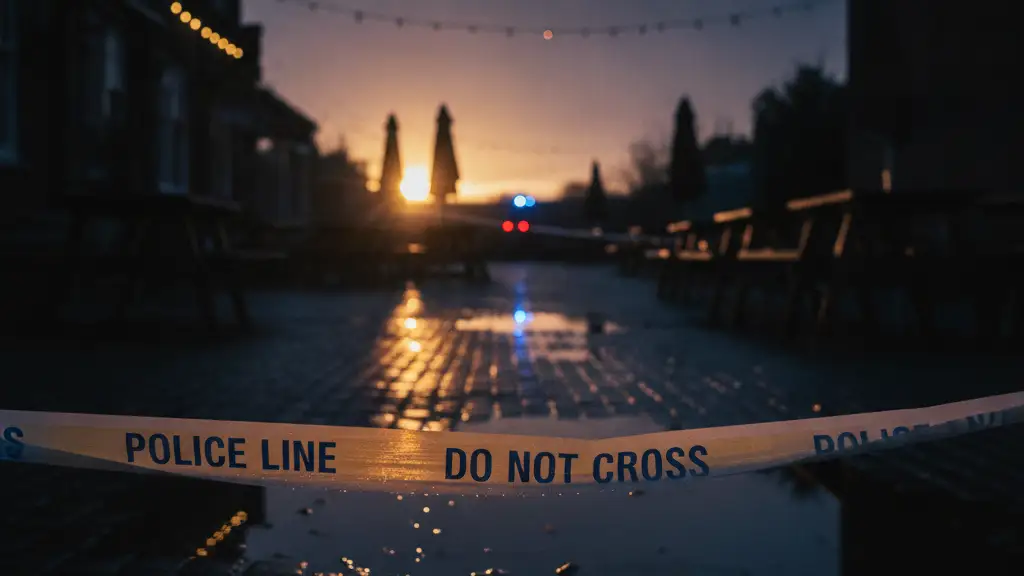 Police tape in a pub garden at dusk, reflecting emergency lights.