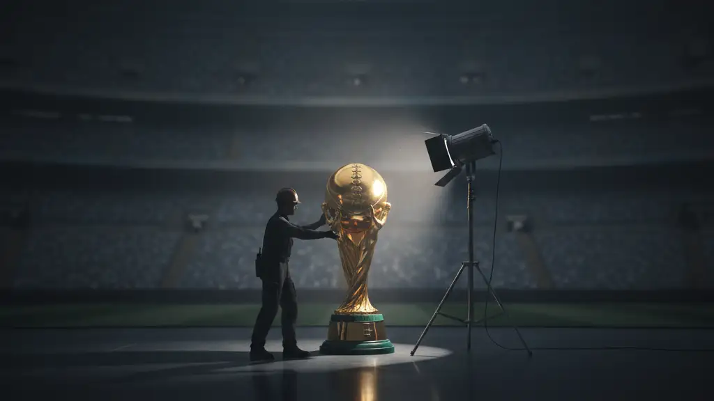 Golden football trophy on a dark stage under a dramatic spotlight.