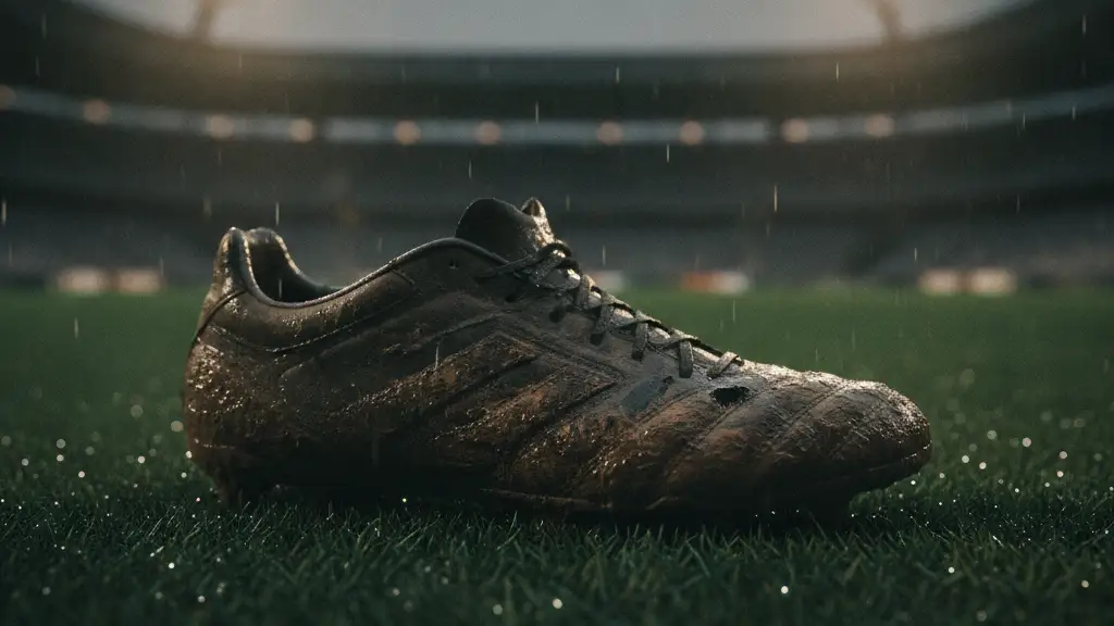 A single, mud-splattered football boot rests on a green stadium pitch.