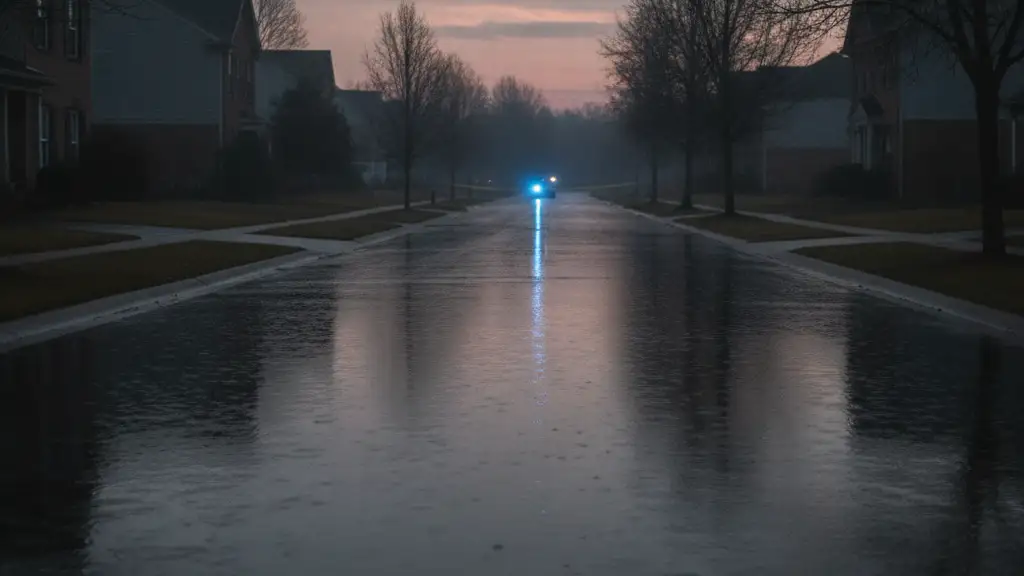 Wet residential street at dawn, reflecting distant blue emergency lights, subtle police tape.