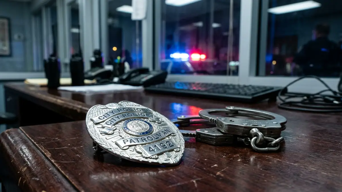 A police badge and handcuffs on a desk with blurred emergency lights in the background.
