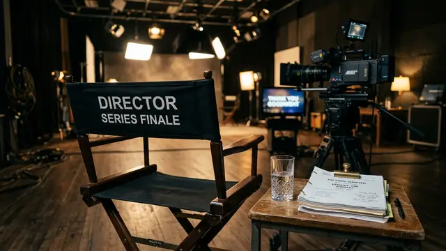 An empty director's chair and scripts on a quiet, dimly lit television studio set.
