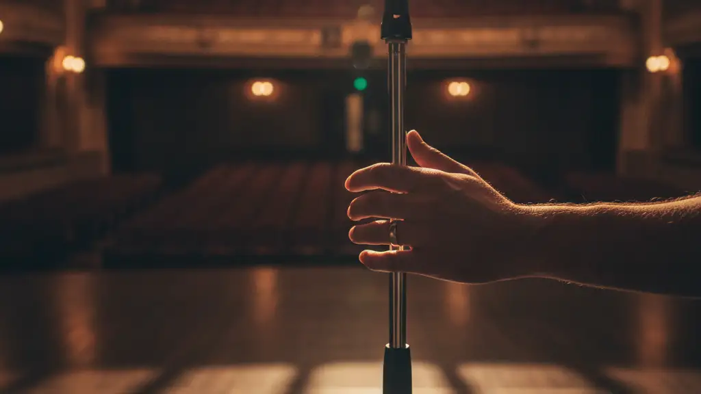 A hand with a wedding band touches a microphone on a dimly lit stage.
