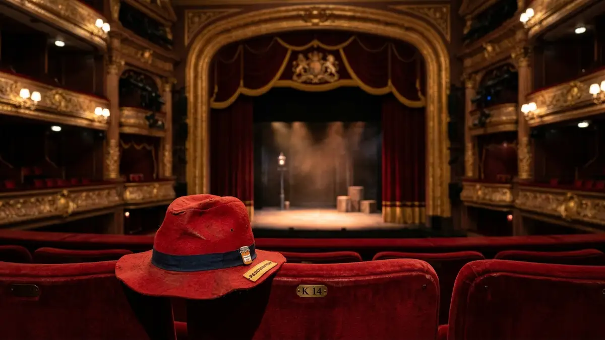 A red hat on an empty red velvet theatre seat, stage lights in background.
