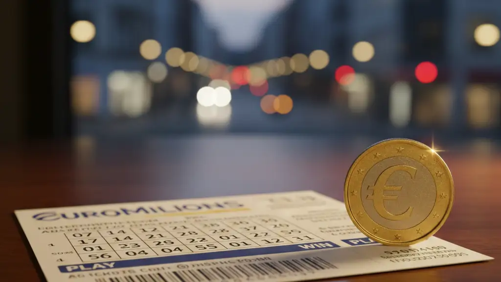 A close-up of a lottery ticket and a gold coin on a wooden table.