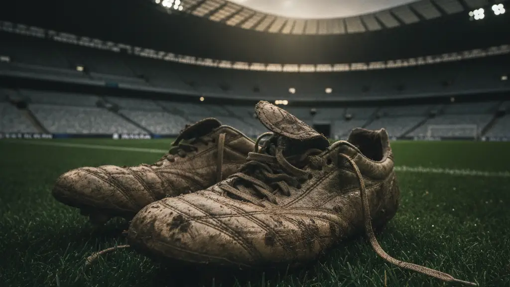 Worn football boots on a stadium pitch, empty stadium blurred in background.