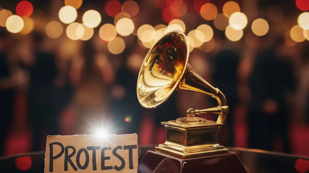 A gold Grammy trophy on a reflective surface with blurred red carpet lights behind it.