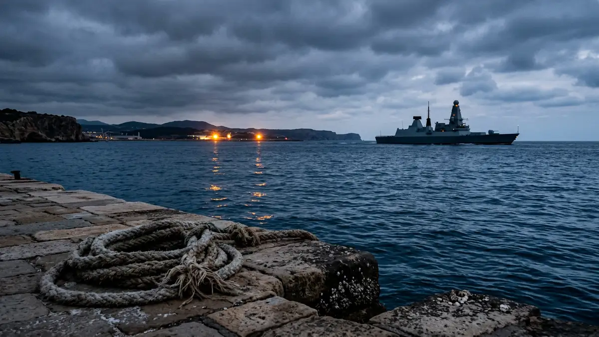 A British naval destroyer sails across the Mediterranean horizon at dusk near a stone pier.