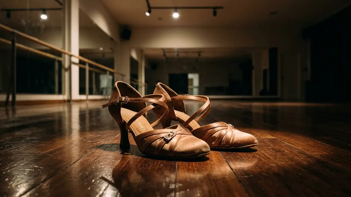 A pair of pink satin ballroom dance shoes resting on a polished wooden floor.