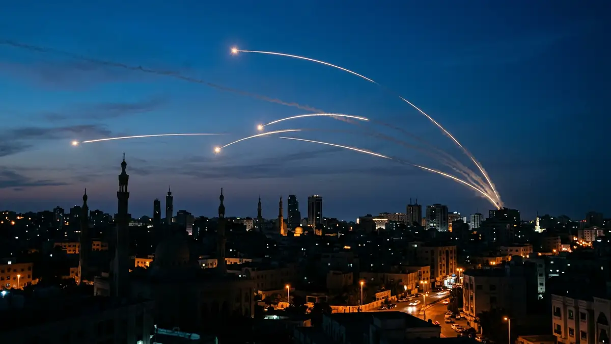 Glowing light trails from missiles arc across a dark blue night sky over a silhouetted city.