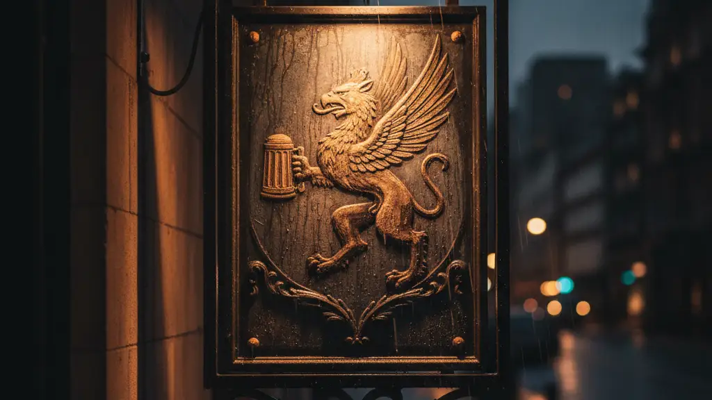 A classic, ornate pub sign illuminated by a single warm light in the rain.