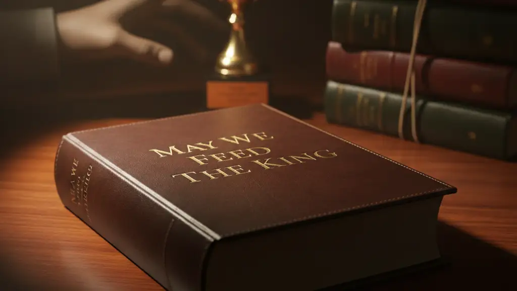 A prestigious hardback book titled 'May We Feed The King' on a polished desk.