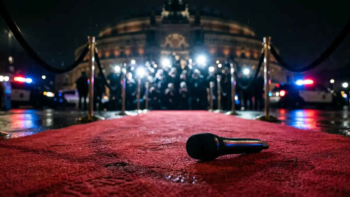 Red carpet at night with discarded microphone, reflecting distant emergency lights and camera flashes.