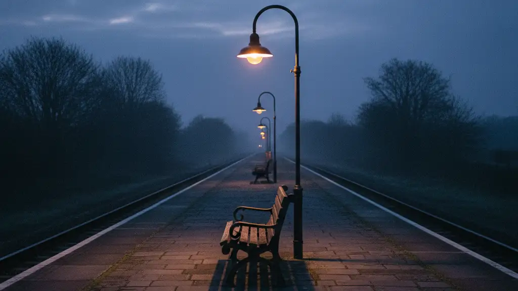 A quiet, empty railway platform at dusk with tracks receding into the distance.