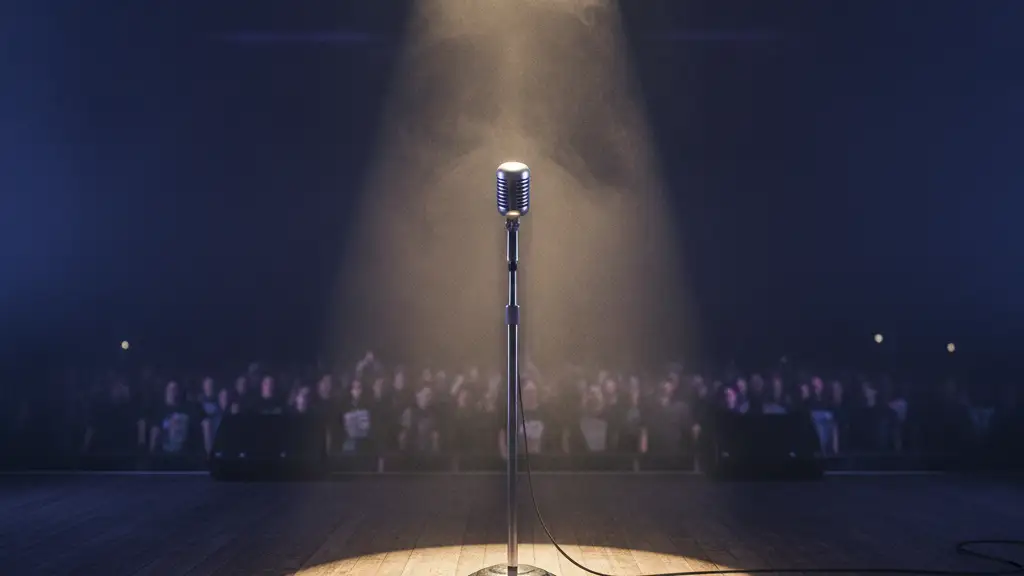 A lone microphone stand on a dark, smoky heavy metal stage under a single spotlight.