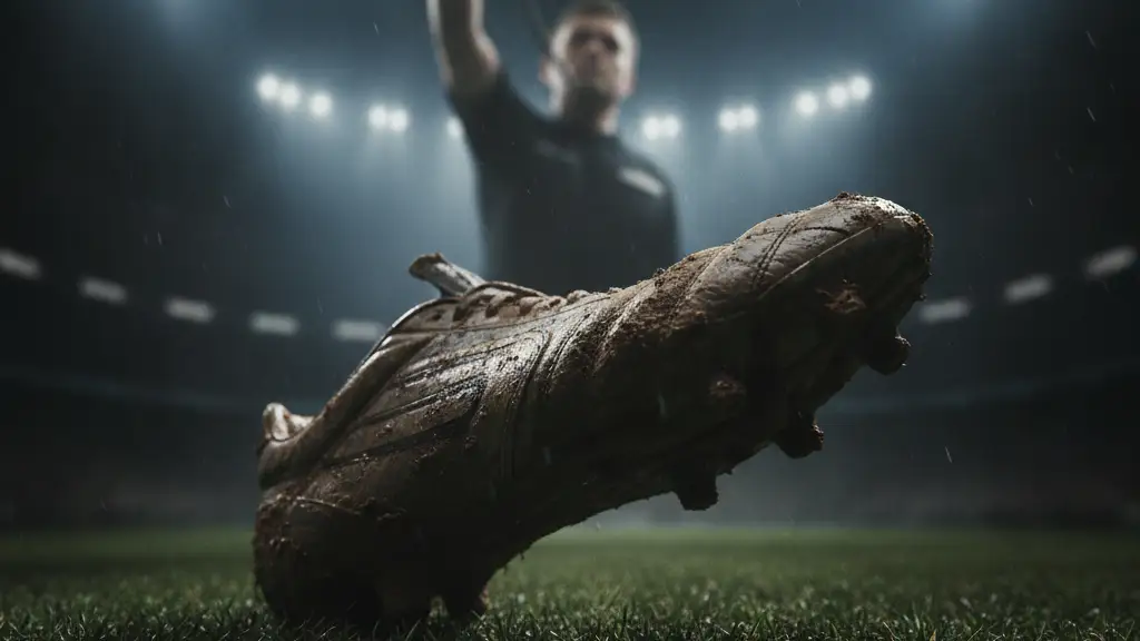 Mud-splattered football boot on grass, a blurred referee's whistle in the background.