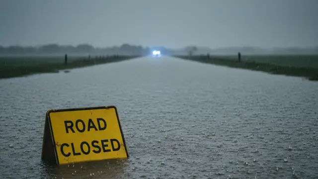 A yellow road closed sign partially submerged in floodwater with emergency lights reflecting nearby.