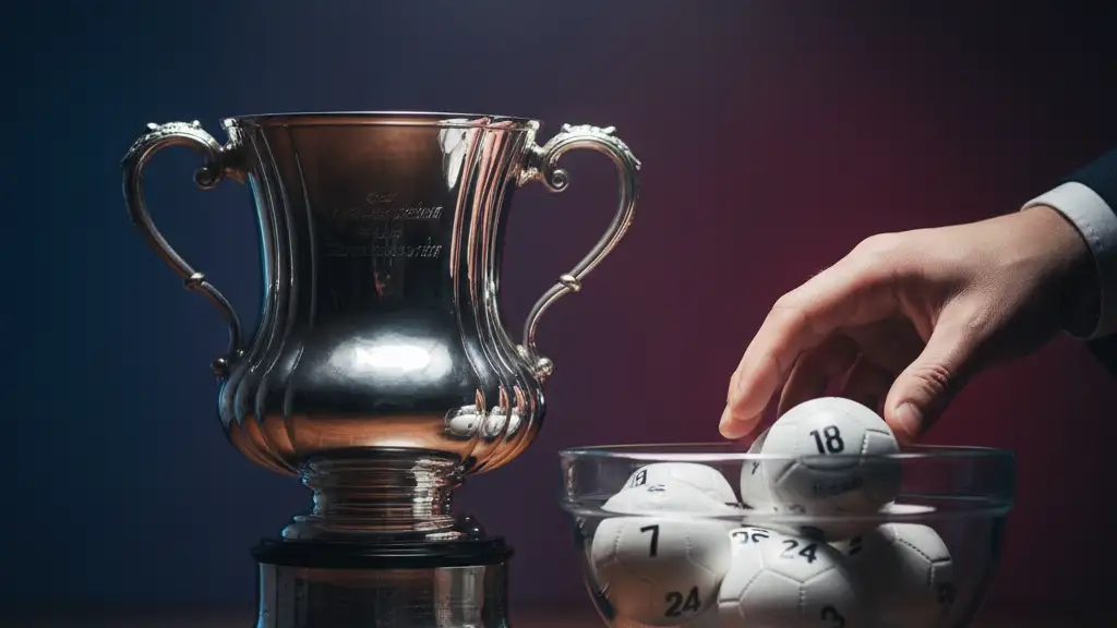 A silver trophy next to a glass bowl of white football draw balls.
