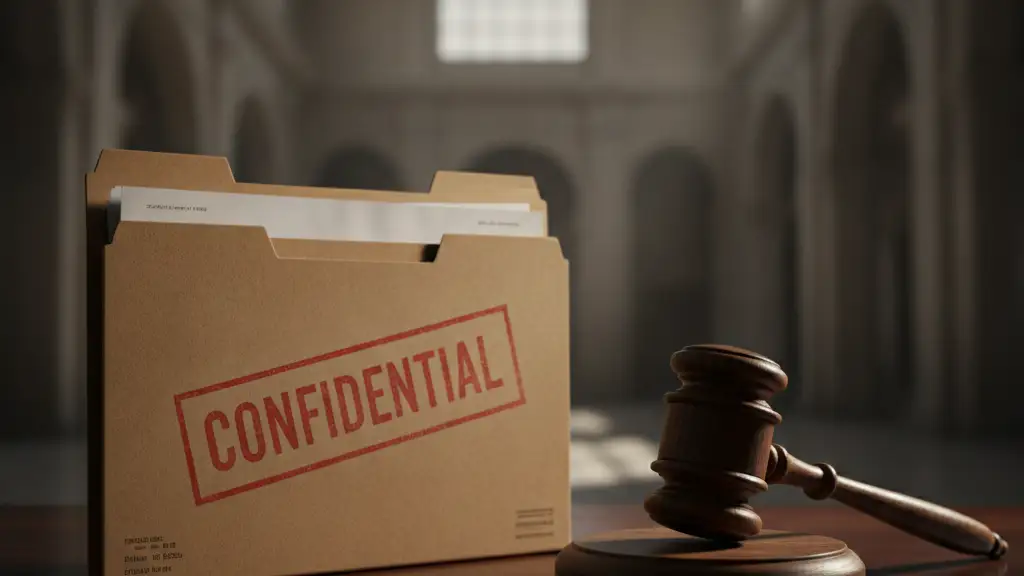 Confidential file and gavel on a desk, suggesting legal drama and investigation.