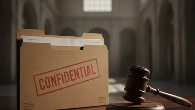 Confidential file and gavel on a desk, suggesting legal drama and investigation.