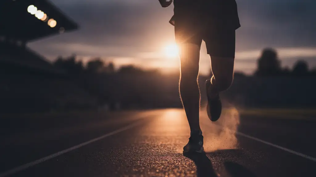 Silhouetted runner's legs mid-stride on a track under dramatic stadium lights.