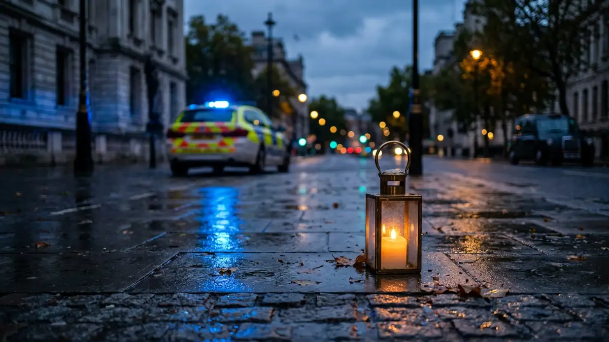 A single lit lantern on a wet London street with blurred blue police lights behind.