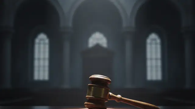 A lone wooden gavel on a polished desk, dramatically lit.