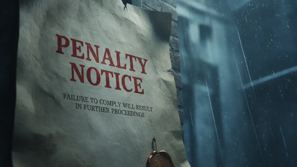 Penalty notice document with blurred background of a damp, grimy building corner.