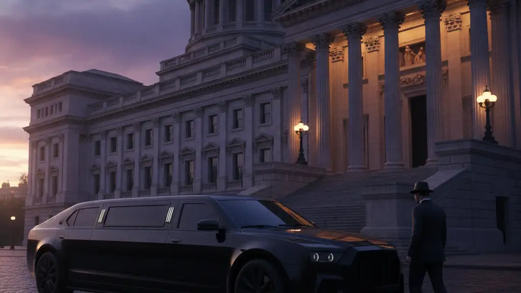 Armored car parked outside parliament building at dusk, figure walking away.