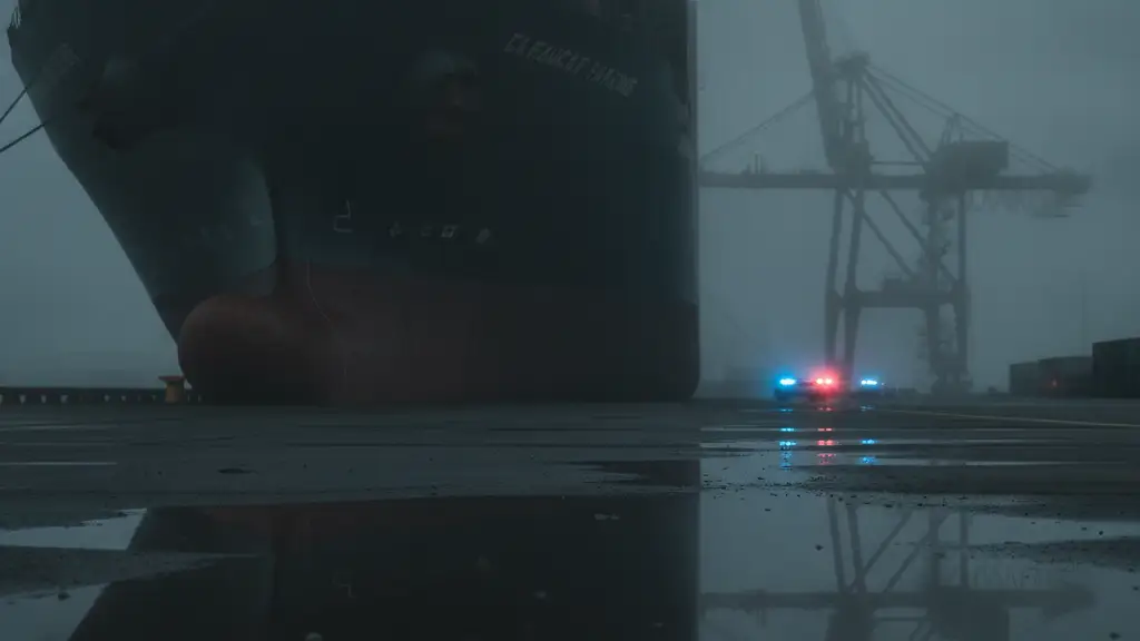 Emergency lights reflect on a wet dock with a cargo ship and damaged crane in the distance.