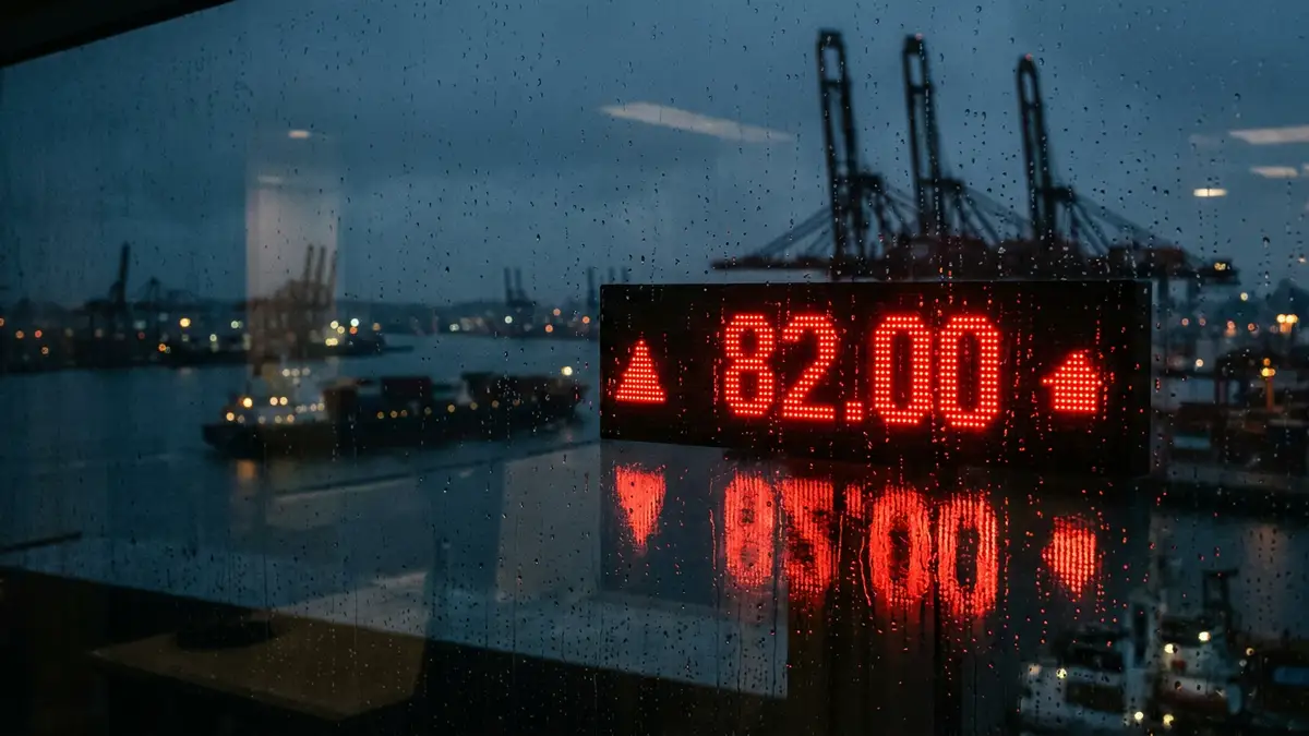 Digital financial display showing rising oil prices reflected on a window with shipping silhouettes.