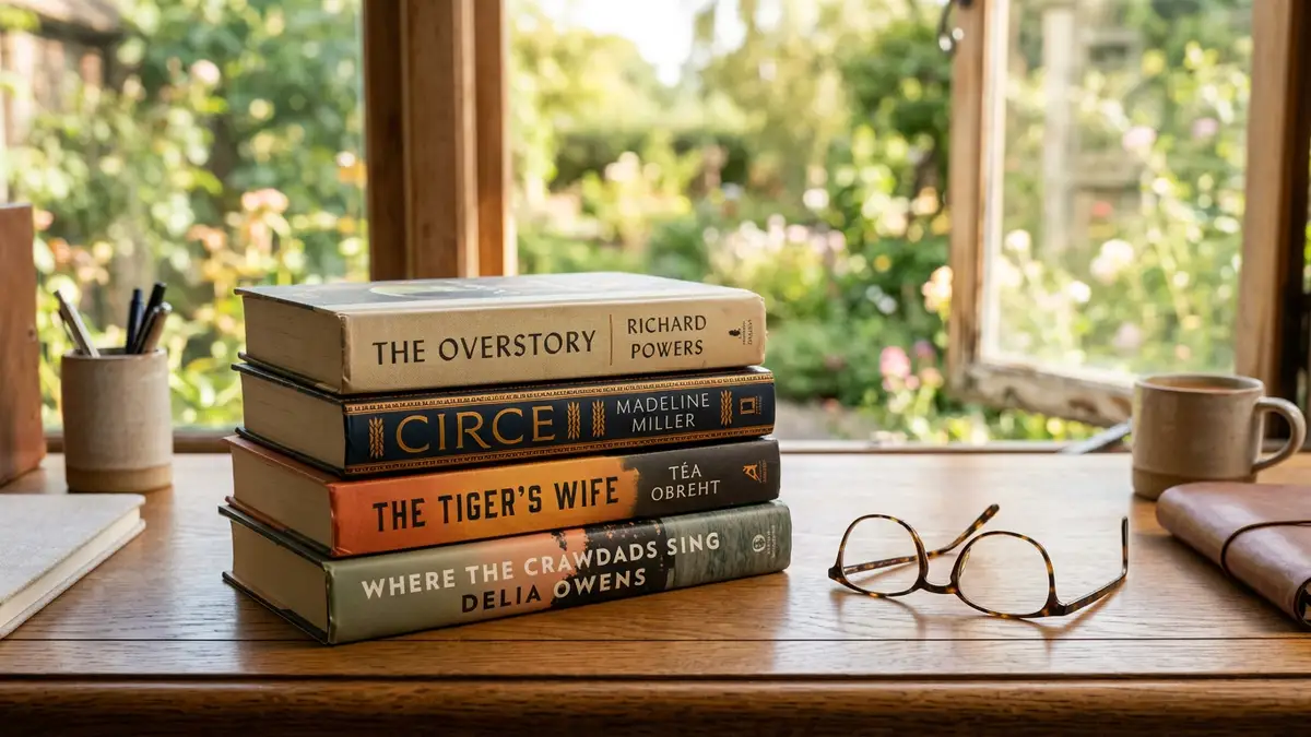 A stack of books and reading glasses on a desk in soft natural light.